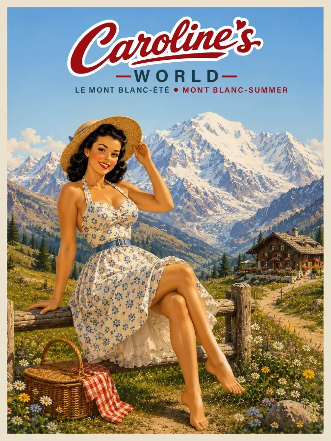 Affiche rétro Caroline au Mont Blanc en été depuis Chamonix, paysage alpin et voyage vintage en Haute-Savoie