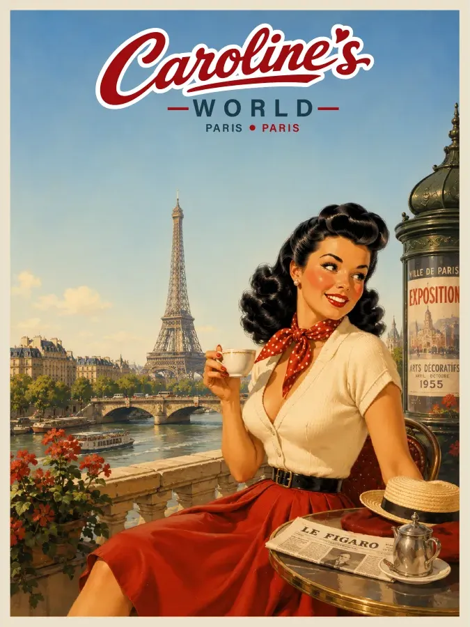 Affiche rétro Caroline à Paris devant la tour Eiffel, illustration vintage années 50 de voyage en France