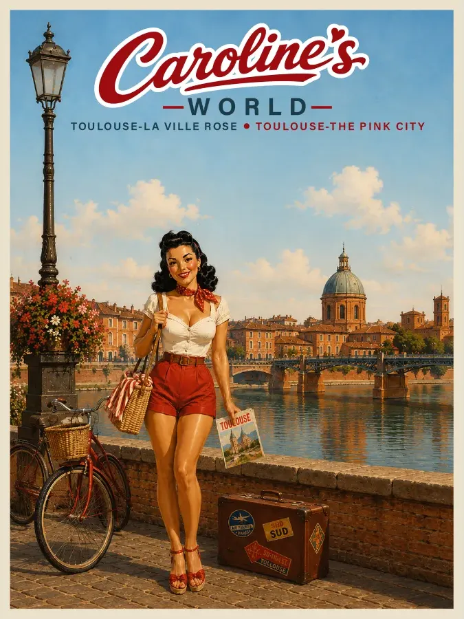 Affiche rétro Caroline à Toulouse devant le Capitole, briques roses et patrimoine historique d’Occitanie