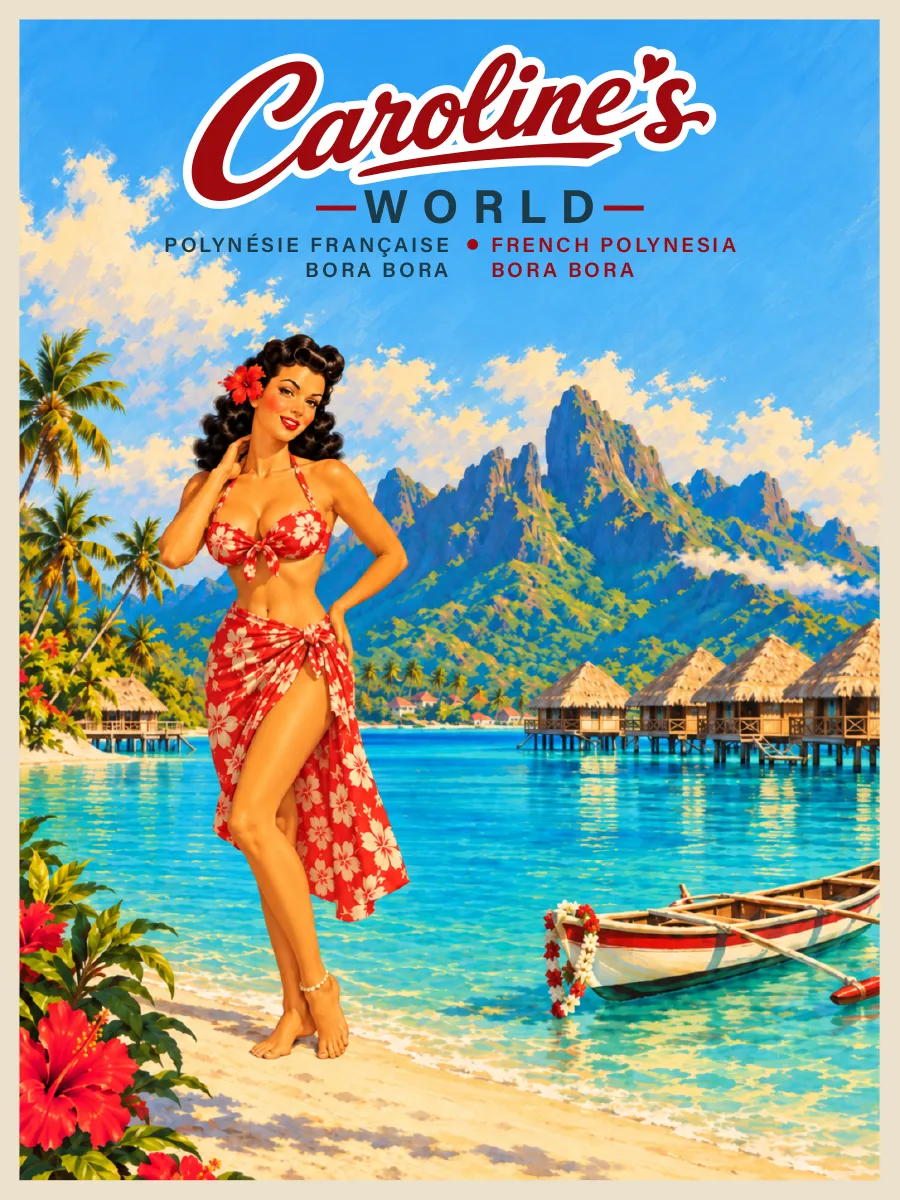 Affiche rétro Caroline à Bora Bora face au mont Otemanu, lagon turquoise et motu de Polynésie française