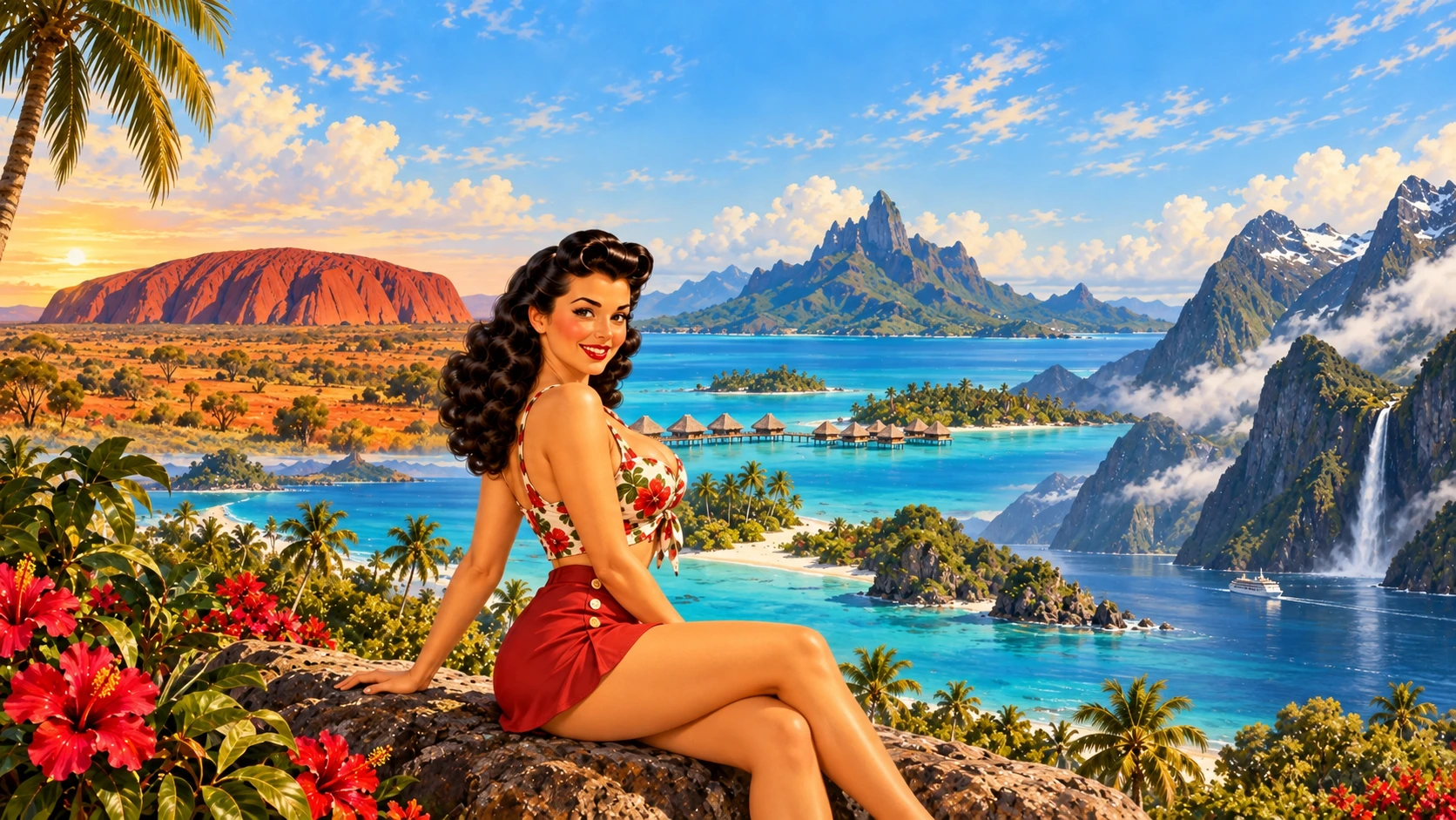 Caroline voyage en Océanie entre Uluru, Bora Bora, Milford Sound et les îles Mamanuca dans un univers d’affiches rétro inspiré des années 50