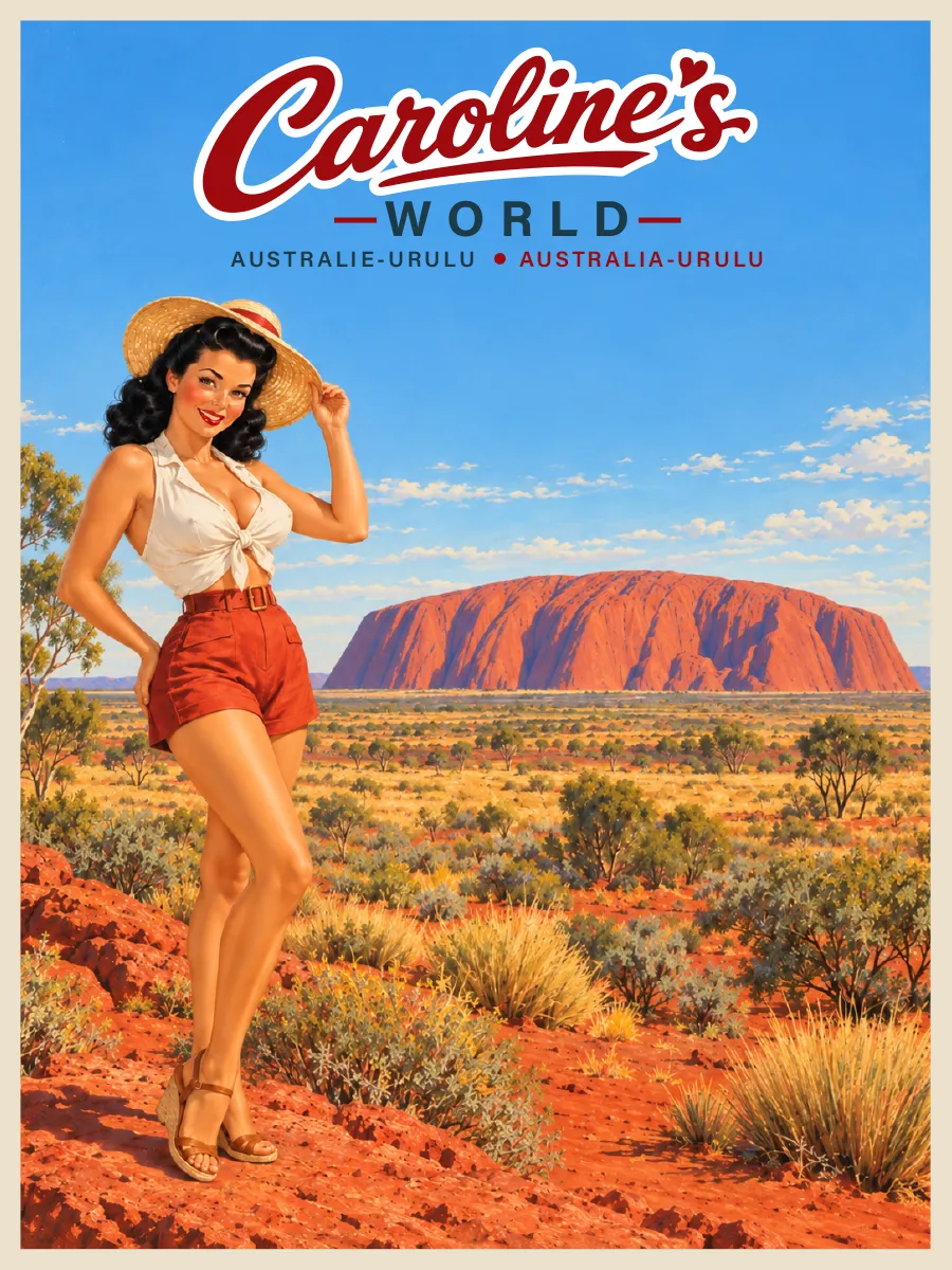 Affiche rétro Caroline devant Uluru dans le Centre Rouge australien, paysage désertique sacré des Anangu